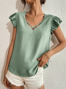 SHEIN Unity Crisscross Butterfly Sleeve Blouse - Mint Green - View 3