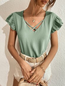 SHEIN Unity Crisscross Butterfly Sleeve Blouse - Mint Green - View 4