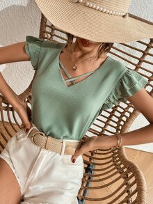 SHEIN Unity Crisscross Butterfly Sleeve Blouse - Mint Green - View 5