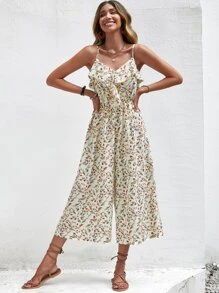 Jumpsuit de tirantes con estampado floral ribete con fruncido - Beis - Ver 1