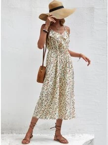 Jumpsuit de tirantes con estampado floral ribete con fruncido - Beis - Ver 3