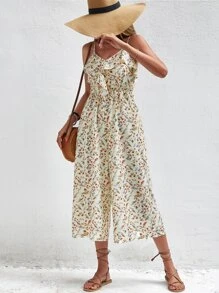 Jumpsuit de tirantes con estampado floral ribete con fruncido - Beis - Ver 4