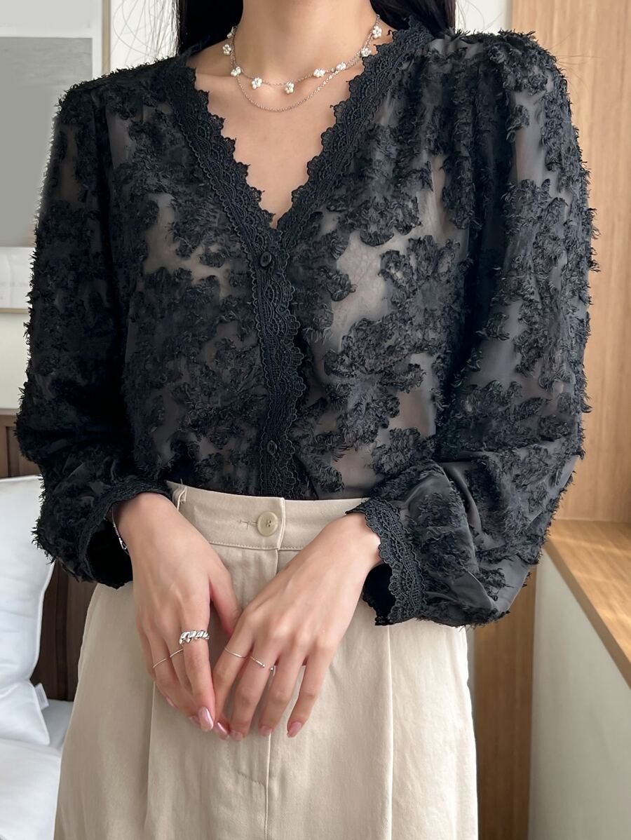 DAZY Lace Trim Button Through Fuzzy Blouse Long Sleeve Top - Black - View 1