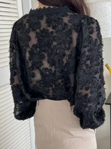 DAZY Lace Trim Button Through Fuzzy Blouse Long Sleeve Top - Black - View 2