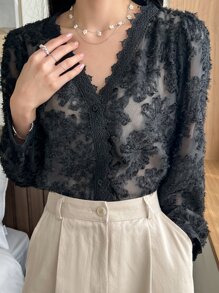 DAZY Lace Trim Button Through Fuzzy Blouse Long Sleeve Top - Black - View 3