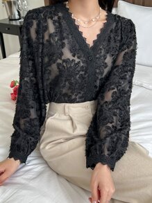 DAZY Lace Trim Button Through Fuzzy Blouse Long Sleeve Top - Black - View 4