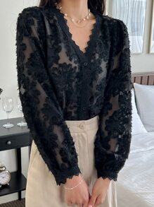 DAZY Lace Trim Button Through Fuzzy Blouse Long Sleeve Top - Black - View 5