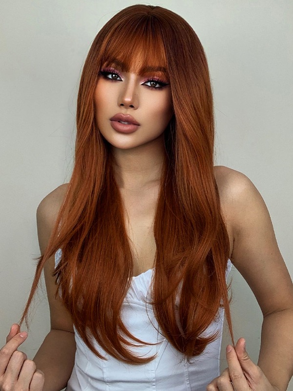 HAIRCUBE 26 Inch Red Brown Long Curly Wigs for Women, Fluffy