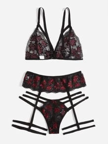 Floral Lace Garter Lingerie Set - Black - View 2