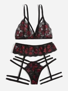 Floral Lace Garter Lingerie Set - Black - View 5