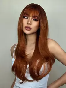 Peluca de cabello ondulado natural de 26 pulgadas con flequillo, diseño de cubo de cabello para niñas, hermosa y encantadora, adecuada para festivales, cosplay, fiestas, uso diario, Halloween, Navidad y otras ocasiones - Rojo - Ver 5