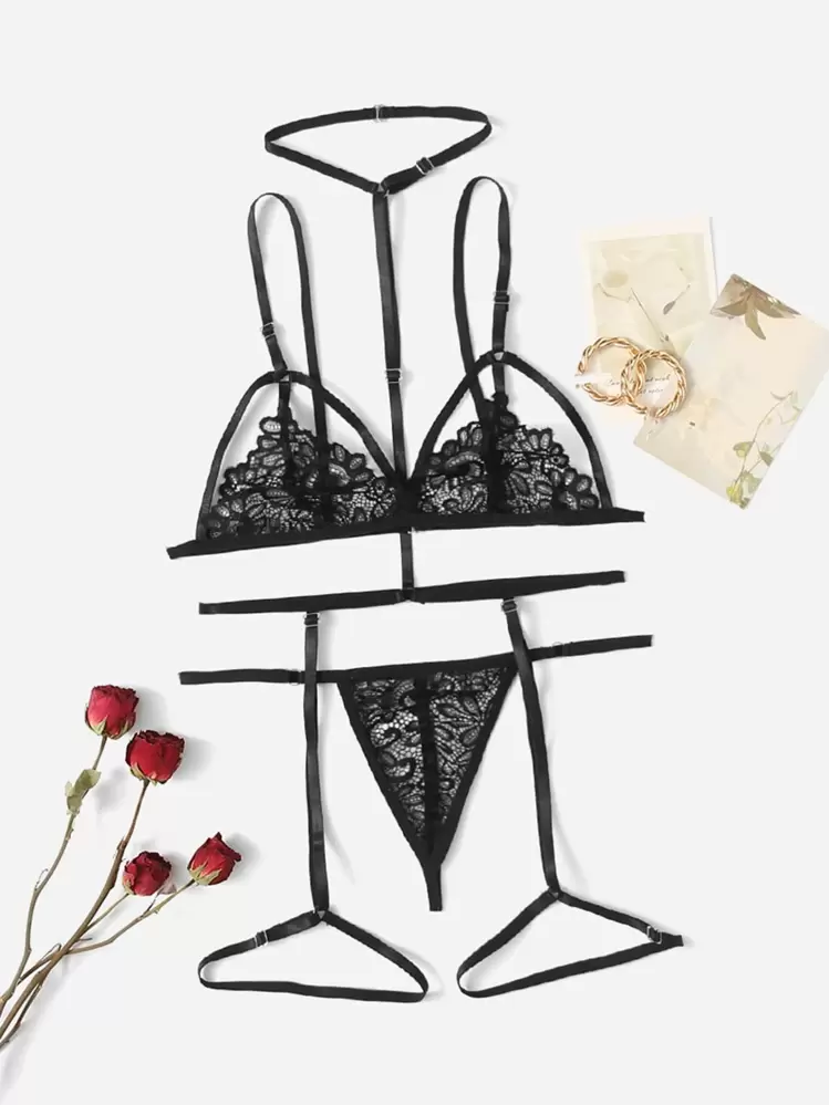 SHEIN Ensemble de lingerie en dentelle avec jarretière et harnais - Noir - Voir 1