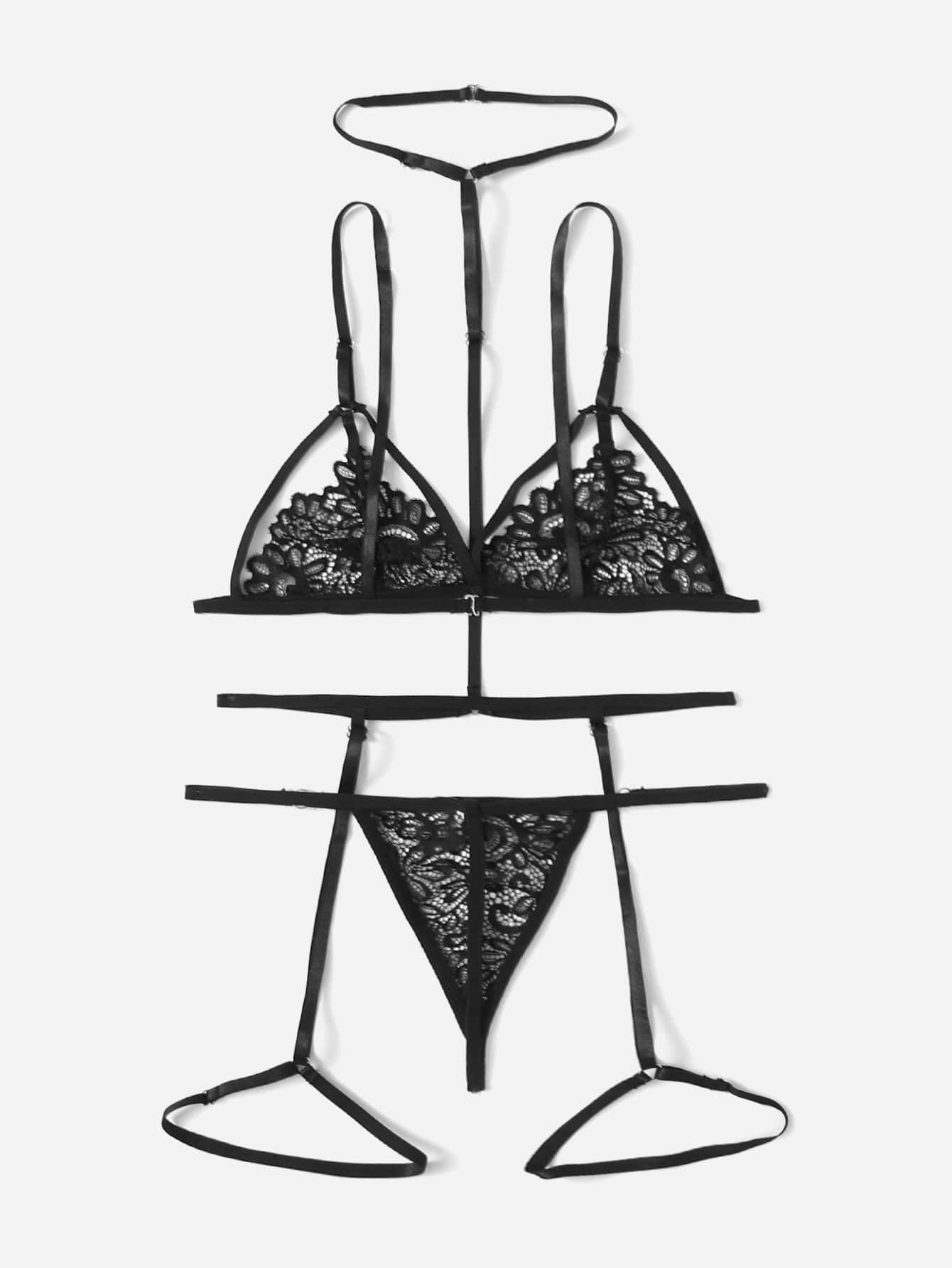 SHEIN Ensemble de lingerie en dentelle avec jarretière et harnais - Noir - Voir 2
