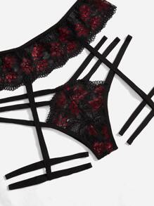 Floral Lace Garter Lingerie Set - Black - View 3
