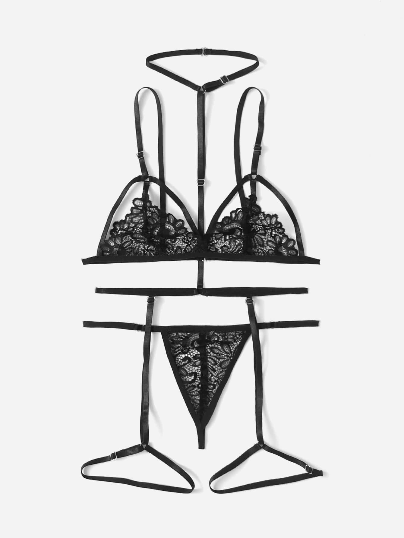 SHEIN Ensemble de lingerie en dentelle avec jarretière et harnais - Noir - Voir 3