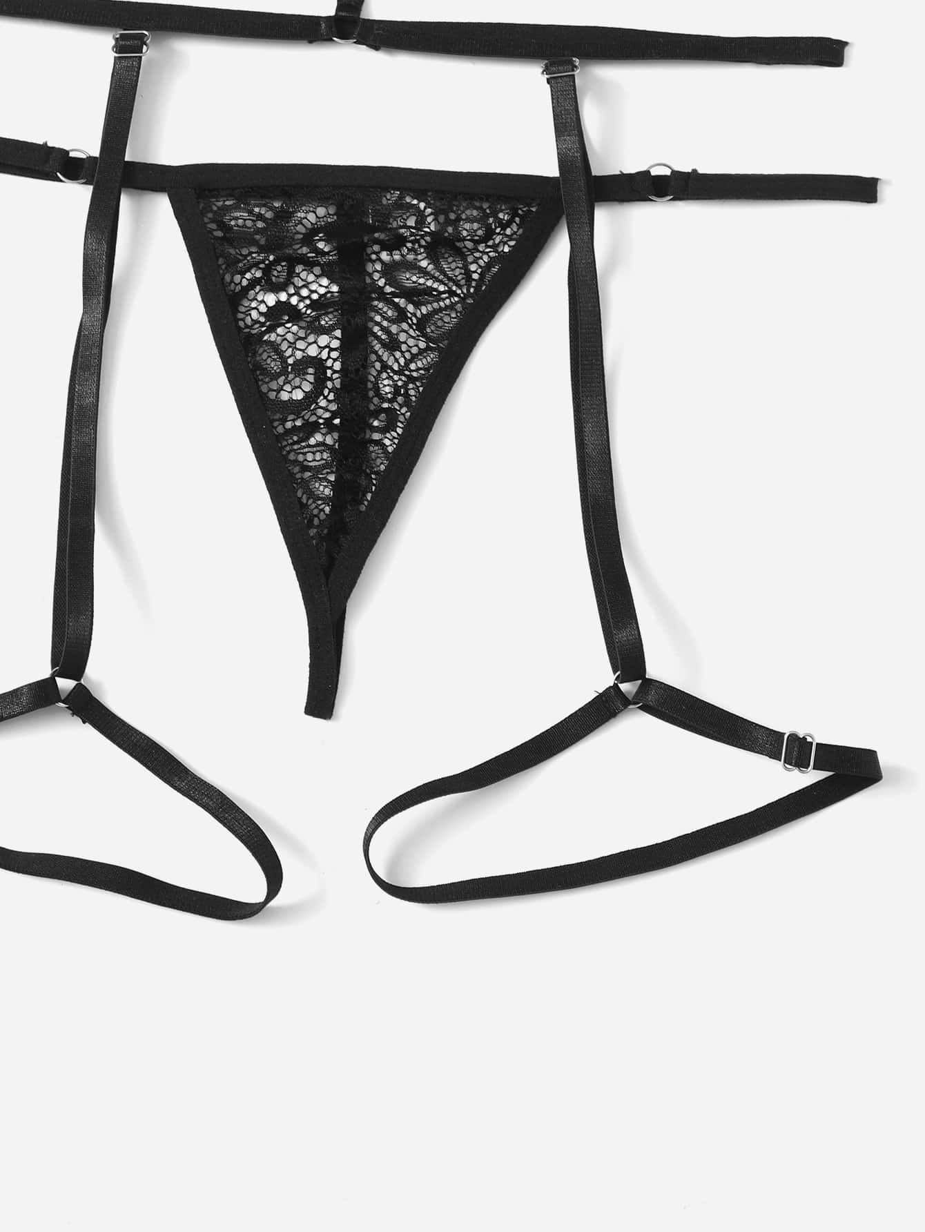 SHEIN Ensemble de lingerie en dentelle avec jarretière et harnais - Noir - Voir 4