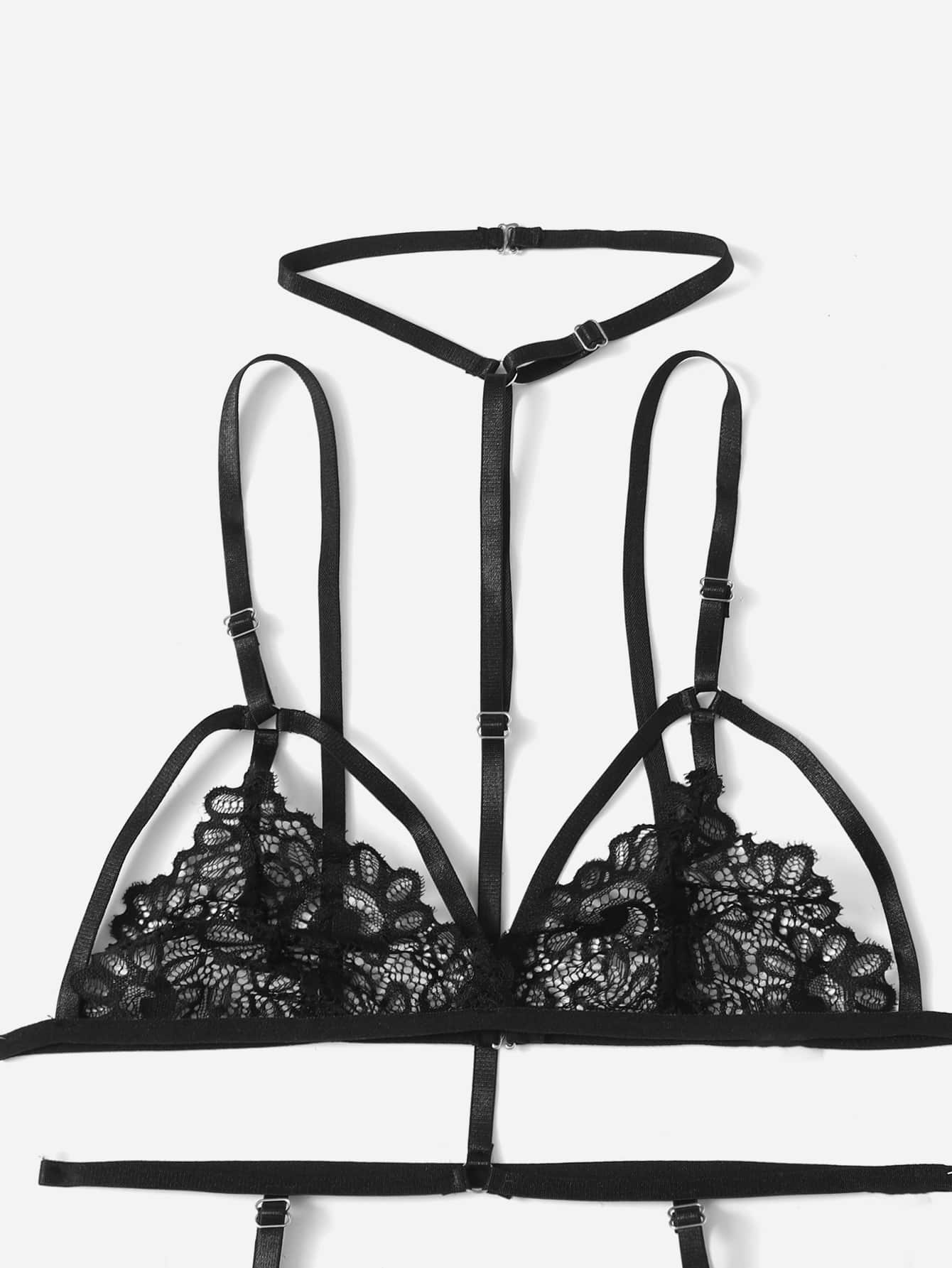 SHEIN Ensemble de lingerie en dentelle avec jarretière et harnais - Noir - Voir 5