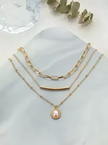 Faux Pearl Charm Layered Necklace - Yellow - View 2