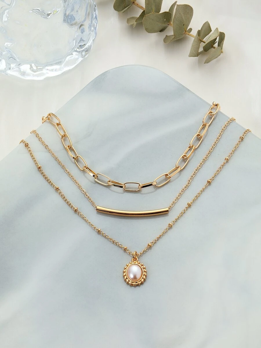 Faux Pearl Charm Layered Necklace