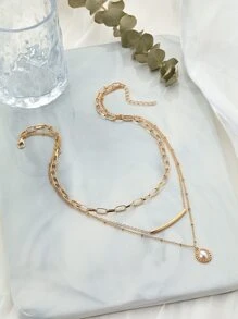 Faux Pearl Charm Layered Necklace - Yellow - View 3