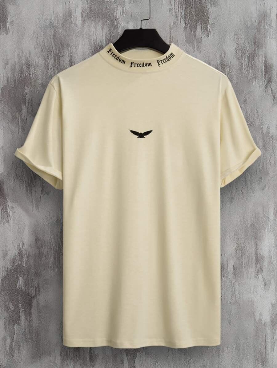 Manfinity Homme Men Bird & Letter Graphic Mock Neck Tee - Khaki - View 1