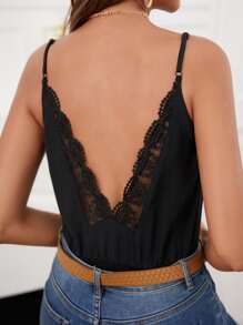 SHEIN Frenchy Áo liền quần ôm nữ Tương phản ren màu trơn Gợi cảm - màu đen - Xem 4
