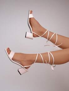 Xăng đan Cao gót Nữ màu trơn Ren lên Đúng mốt - Màu be - Xem 2