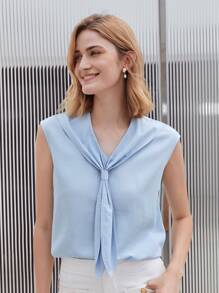 MOTF PREMIUM LINEN TIE NECK TOP - Baby Blue - View 4