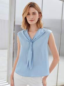 MOTF PREMIUM LINEN TIE NECK TOP - Baby Blue - View 5
