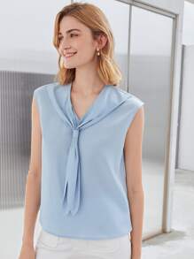 MOTF PREMIUM LINEN TIE NECK TOP - Baby Blue - View 6
