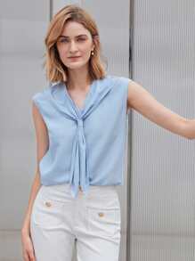 MOTF PREMIUM LINEN TIE NECK TOP - Baby Blue - View 7