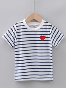 SHEIN Toddler Girls Heart Embroidery Stripe Tee - Blue and White - View 1