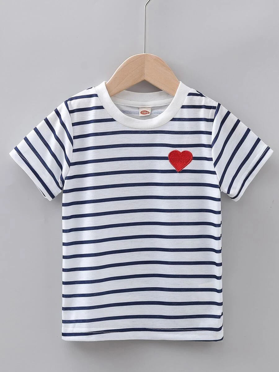 SHEIN Toddler Girls Heart Embroidery Stripe Tee - Blue and White - View 1