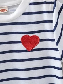 SHEIN Toddler Girls Heart Embroidery Stripe Tee - Blue and White - View 6