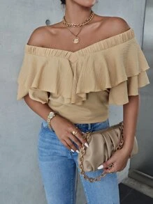 Off The Shoulder Ruffle Trim Top - Khaki - View 1
