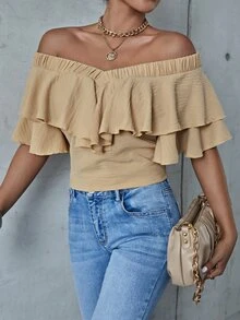 Off The Shoulder Ruffle Trim Top - Khaki - View 3