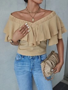 Off The Shoulder Ruffle Trim Top - Khaki - View 5