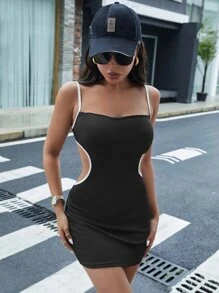 Muchica Đầm Cắt ra Tương phản ràng buộc Khối Màu Gợi cảm - màu đen - Xem 6