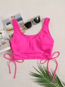 SHEIN Swim Plain Drawstring Side Bikini Top - Hot Pink - View 1