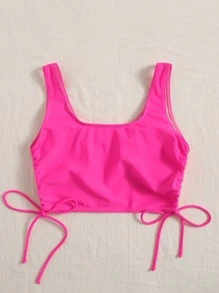 SHEIN Swim Plain Drawstring Side Bikini Top - Hot Pink - View 2