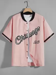 Aesthetic Post--Men 1pc Letter Graphic Baseball Collar Oversize Shirt - Baby Pink - View 1