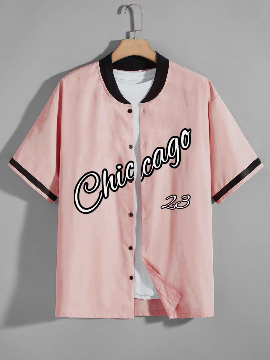 Aesthetic Post--Men 1pc Letter Graphic Baseball Collar Oversize Shirt - Baby Pink - View 1