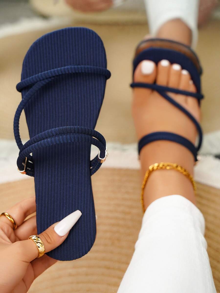 Thin Strap Thong Sandals - Navy Blue - View 1