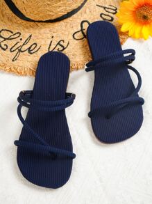 Thin Strap Thong Sandals - Navy Blue - View 2