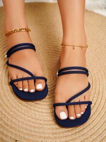 Thin Strap Thong Sandals - Navy Blue - View 7