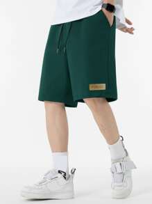 Manfinity Hypemode Men's Loose Fit Letter Printed Drawstring Waist Shorts - Dark Green - View 1