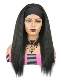 女士卷曲直发头带假发 合成 Yaki 直发 天然耐热头带假发 适合女性非洲发型 - 黑色 - 查看 1