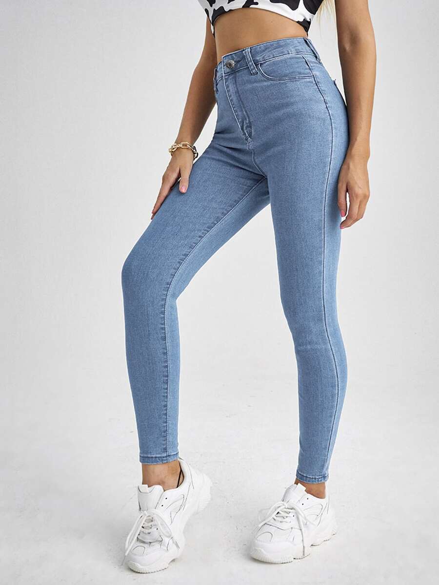 高腰緊身九分牛仔褲 - 淺色水洗藍 - 查看 1