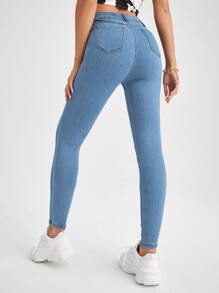 高腰緊身九分牛仔褲 - 淺色水洗藍 - 查看 2