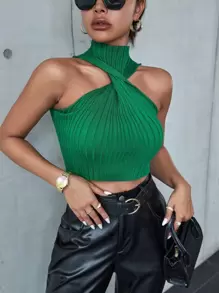SHEIN Privé 前扭結針織背心上衣 - 綠色 - 查看 2